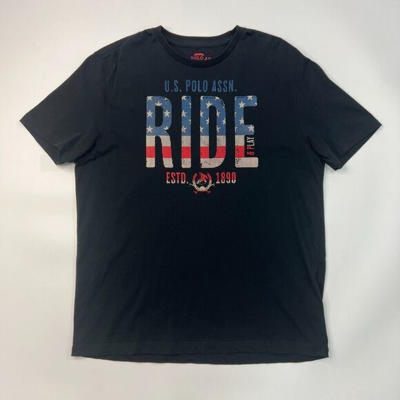 US Polo Assn T Shirt Mens XXL 2XL Black Graphic Ride & Play Biker USA Flag Tee - Picture 2 of 11